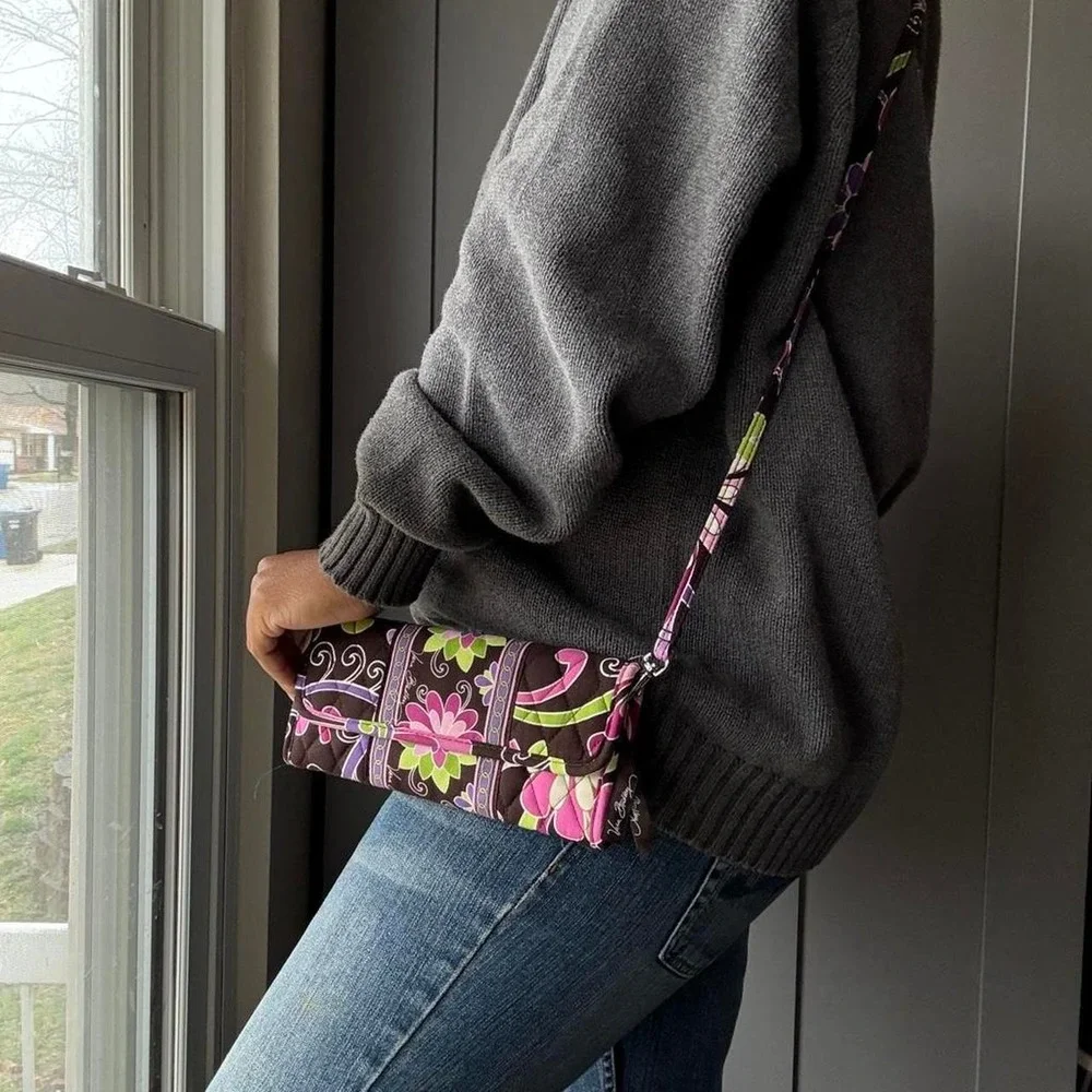 Vera Bradley Floral Quilted Crossbody Wallet Bag Brown Pink Green